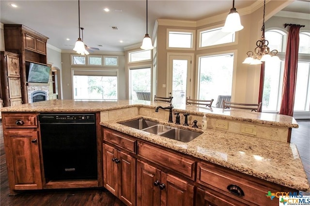 kitchen with a wealth of natural light, dishwasher, ornamental molding, and sink