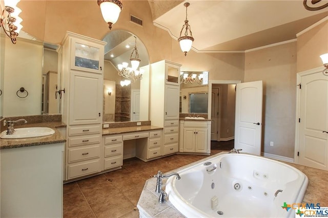 bathroom with tile patterned flooring, vanity, tiled tub, and high vaulted ceiling