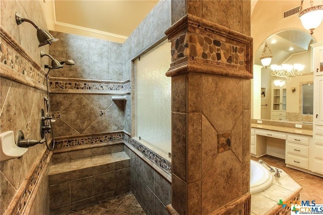 bathroom featuring tile patterned flooring, ornamental molding, vanity, and independent shower and bath