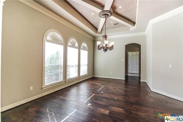 unfurnished room with ornamental molding, a tray ceiling, dark wood-type flooring, beamed ceiling, and a chandelier