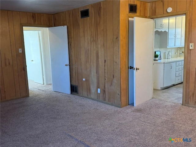 spare room featuring sink, light carpet, and wooden walls