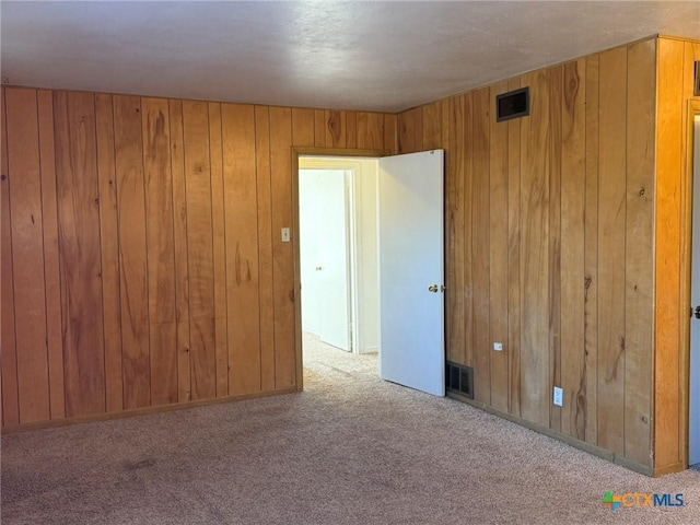 spare room featuring light carpet and wood walls