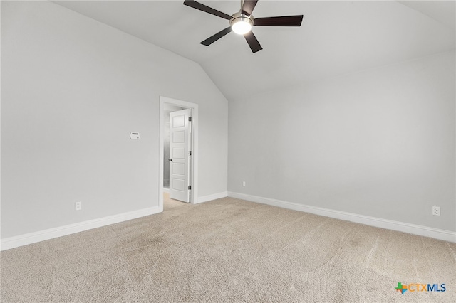 232 Gaida Loop, Georgetown, TX 78628 - spare room featuring lofted ceiling, a ceiling fan, light colored carpet, and baseboards