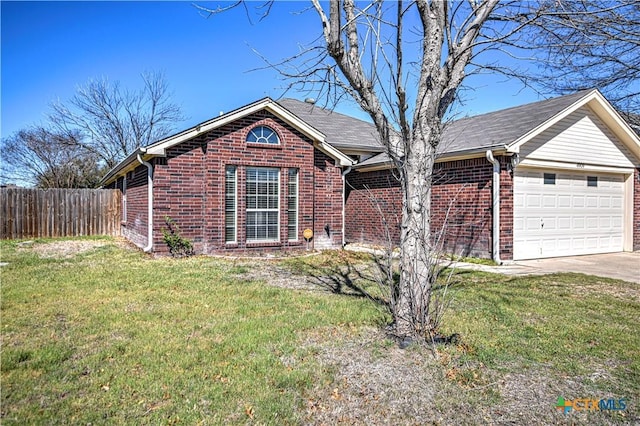 ranch-style home with brick siding, a front yard, a garage, and fence