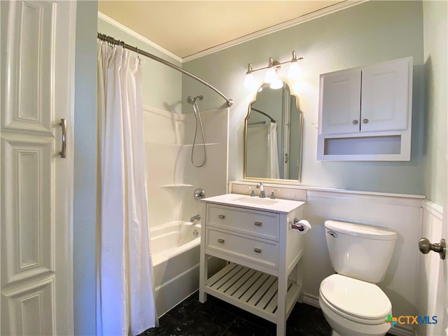 full bathroom featuring ornamental molding, shower / bathtub combination with curtain, vanity, and toilet