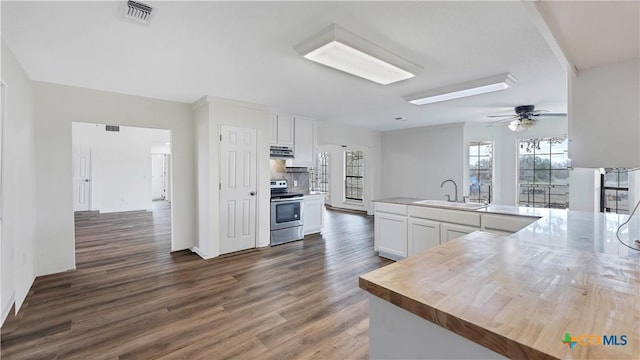 kitchen with electric stove, sink, white cabinets, and dark hardwood / wood-style floors