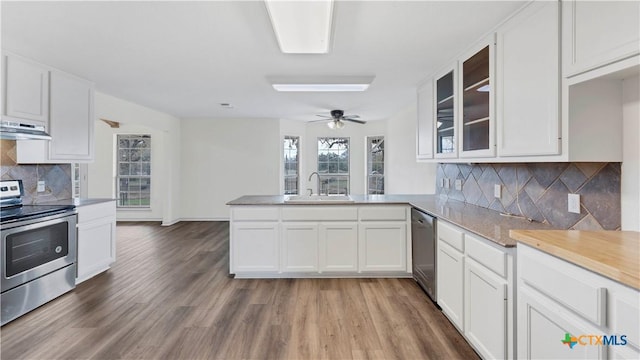 kitchen featuring white cabinetry, sink, kitchen peninsula, and stainless steel appliances