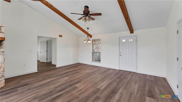 unfurnished living room with dark hardwood / wood-style flooring, high vaulted ceiling, and ceiling fan with notable chandelier