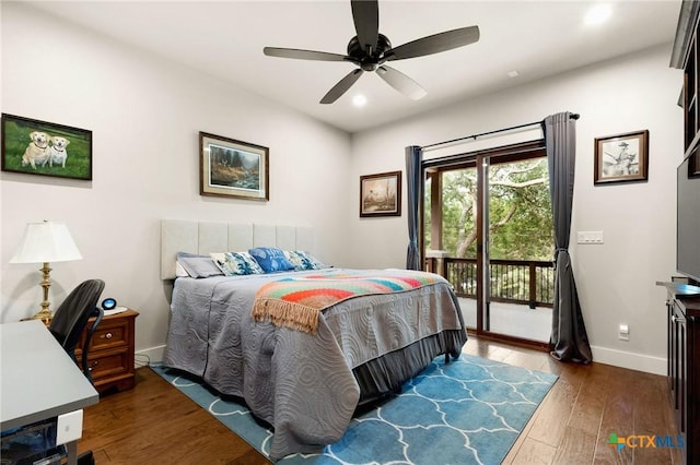 1204 Salt Lick Dr, New Braunfels, TX 78132 - bedroom with access to exterior, recessed lighting, wood finished floors, and ceiling fan