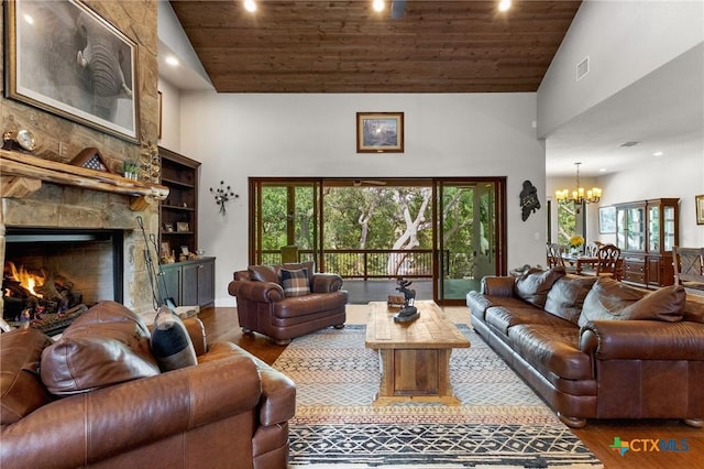 1204 Salt Lick Dr, New Braunfels, TX 78132 - living room with wood finished floors, high vaulted ceiling, wooden ceiling, a chandelier, and recessed lighting