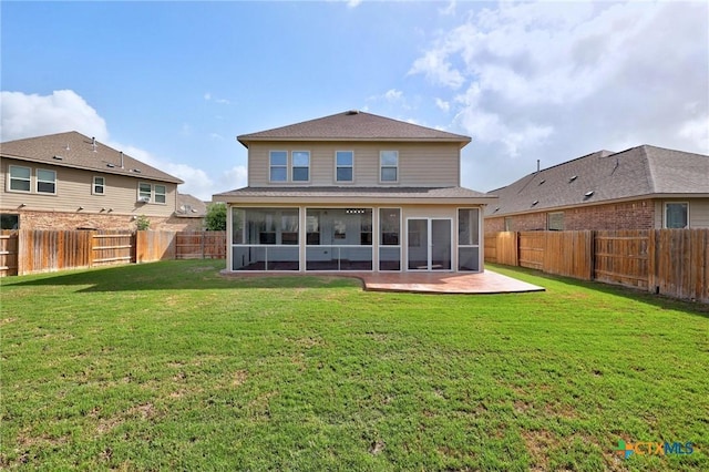 18420 Blush Rose Rd, Pflugerville, TX 78660 - rear view of house with a sunroom, a fenced backyard, a patio area, and a shingled roof