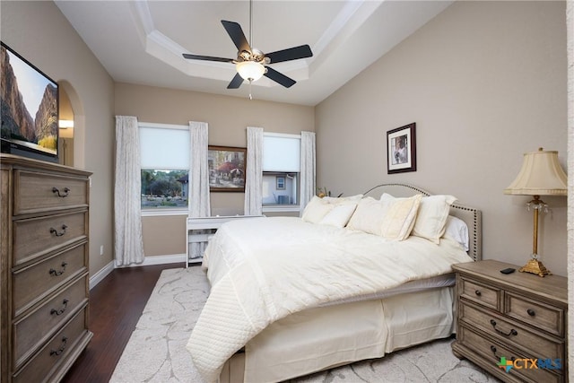 226 Sabella, Spring Branch, TX 78070 - bedroom featuring a tray ceiling, dark wood finished floors, a ceiling fan, and baseboards