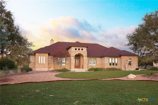 226 Sabella, Spring Branch, TX 78070 - mediterranean / spanish-style home with a yard, a chimney, stone siding, and stucco siding