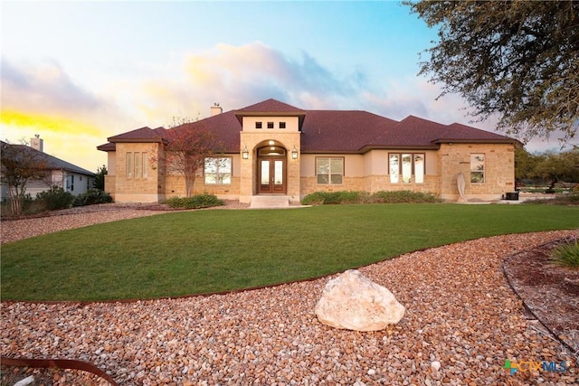 226 Sabella, Spring Branch, TX 78070 - mediterranean / spanish house with a chimney, a front yard, stucco siding, and french doors