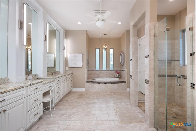 226 Sabella, Spring Branch, TX 78070 - bathroom with a shower stall, a ceiling fan, a bath, vanity, and recessed lighting