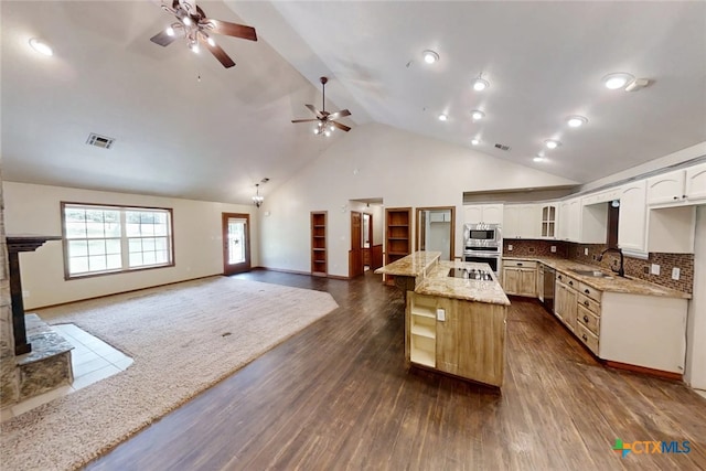 1260 Great Oaks Dr, Salado, TX 76571 - kitchen with stainless steel appliances, ceiling fan, open floor plan, glass insert cabinets, and light stone countertops