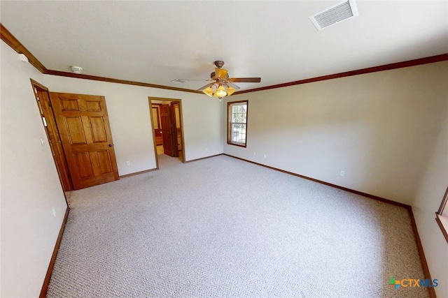 1260 Great Oaks Dr, Salado, TX 76571 - unfurnished bedroom featuring light colored carpet, crown molding, and ceiling fan