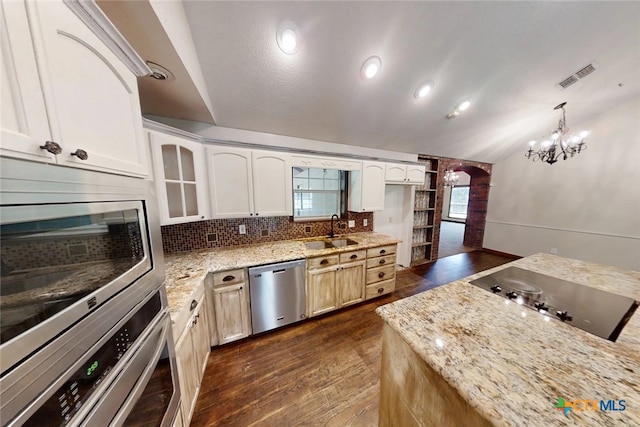 1260 Great Oaks Dr, Salado, TX 76571 - kitchen with stainless steel dishwasher, dark wood-type flooring, light stone countertops, black electric stovetop, and lofted ceiling
