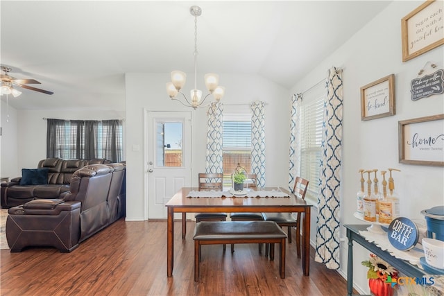 6424 Treiber Dr, Temple, TX 76502 - dining area featuring a chandelier, wood finished floors, lofted ceiling, and a ceiling fan