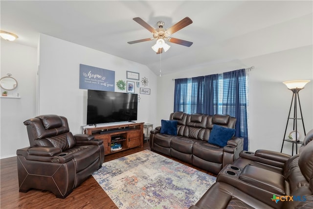 6424 Treiber Dr, Temple, TX 76502 - living room with ceiling fan, wood finished floors, and vaulted ceiling