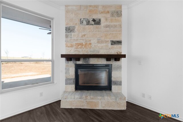 interior details with a fireplace, hardwood / wood-style flooring, and crown molding