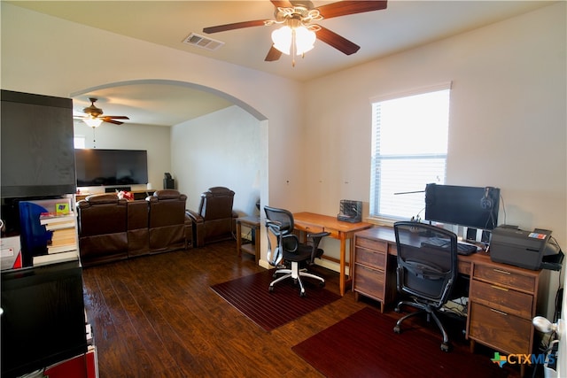 office space with dark hardwood / wood-style floors and ceiling fan