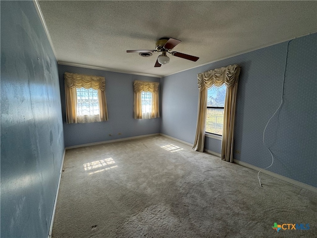 carpeted spare room with ornamental molding, a textured ceiling, ceiling fan, and a healthy amount of sunlight