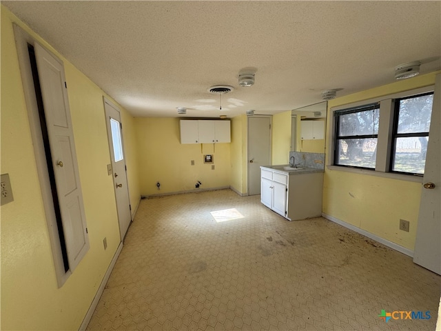 laundry area with cabinets, a textured ceiling, a healthy amount of sunlight, and sink