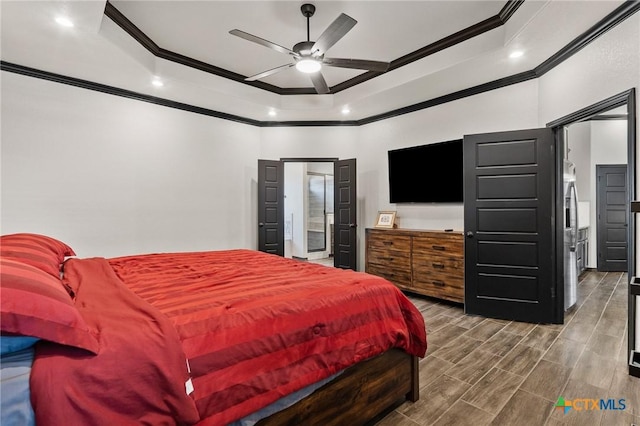 8306 Callahan Dr, Killeen, TX 76542 - bedroom with crown molding, a raised ceiling, wood finished floors, a ceiling fan, and recessed lighting