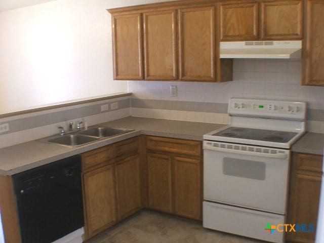 kitchen with decorative backsplash, sink, black dishwasher, and white electric stove