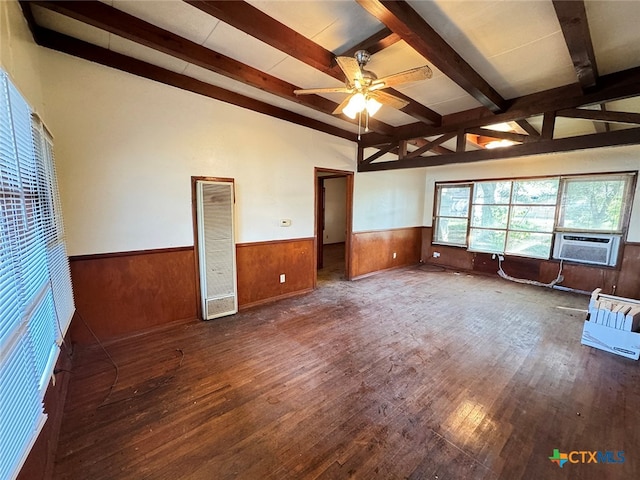 interior space with dark wood-type flooring, cooling unit, ceiling fan, and beam ceiling