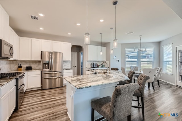 kitchen with pendant lighting, sink, an island with sink, and appliances with stainless steel finishes