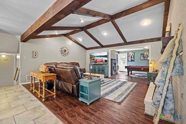 living room featuring hardwood / wood-style floors, vaulted ceiling with beams, and pool table