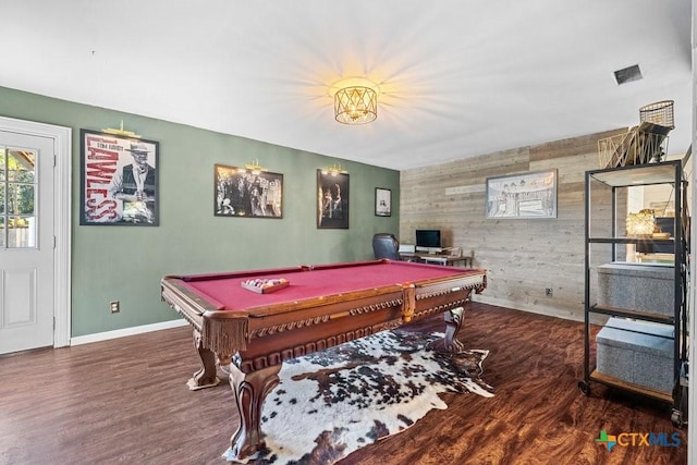 playroom with an accent wall, wood walls, billiards, and wood finished floors