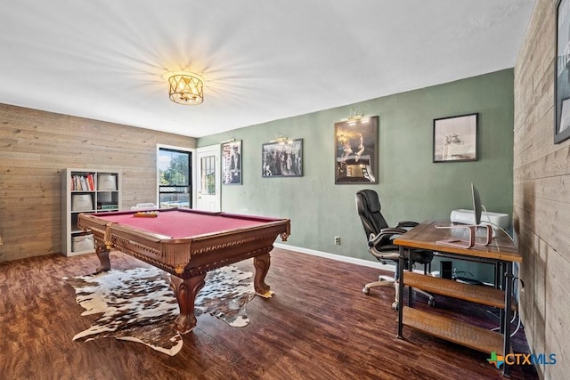 playroom with wood walls, baseboards, wood finished floors, and pool table