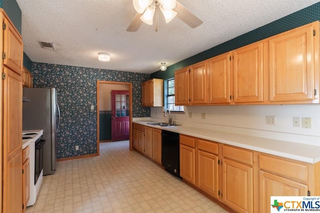 121 S Scenic Loop, Canyon Lake, TX 78133 - kitchen featuring dishwasher, a sink, wallpapered walls, light flooring, and electric range