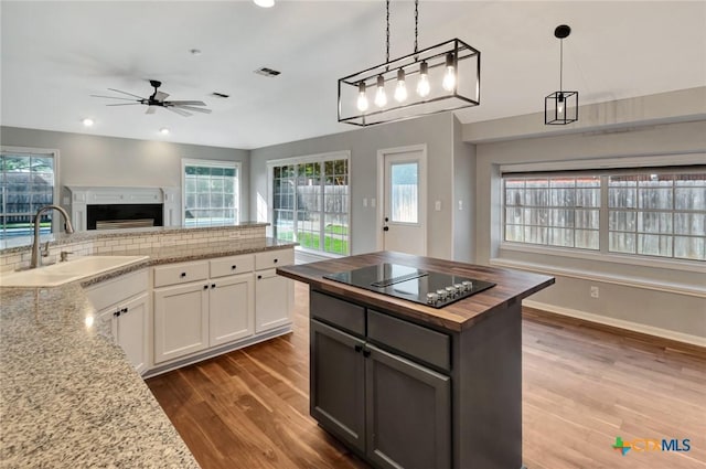 105 Legend Dr, Victoria, TX 77904 - kitchen with butcher block counters, a sink, wood finished floors, open floor plan, and ceiling fan