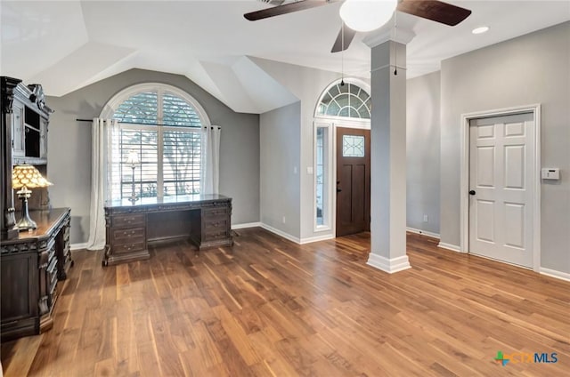 105 Legend Dr, Victoria, TX 77904 - entryway with ceiling fan, wood finished floors, vaulted ceiling, and baseboards