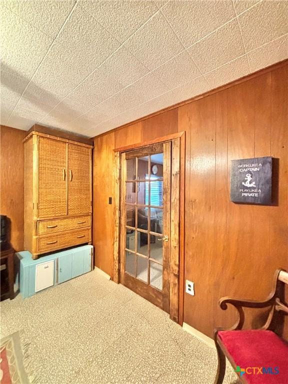 interior space with carpet flooring and wood walls