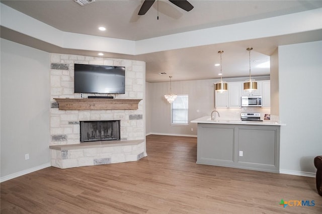 interior space featuring open floor plan, light wood-style flooring, appliances with stainless steel finishes, a fireplace, and a sink