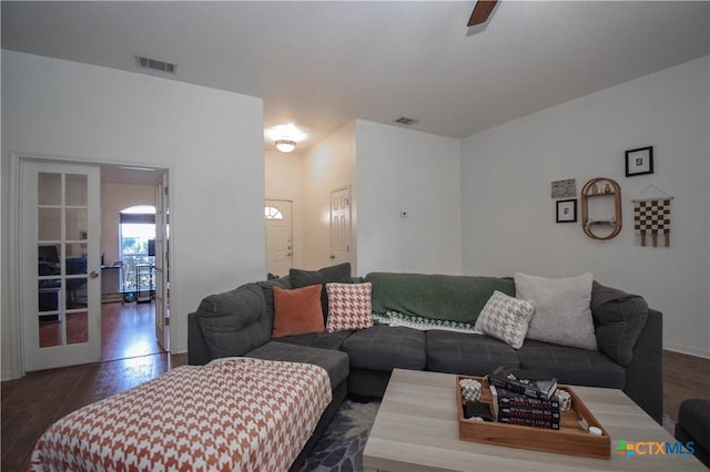 2802 Southwood Dr, Killeen, TX 76549 - living room with a ceiling fan, french doors, dark wood-style floors, and visible vents