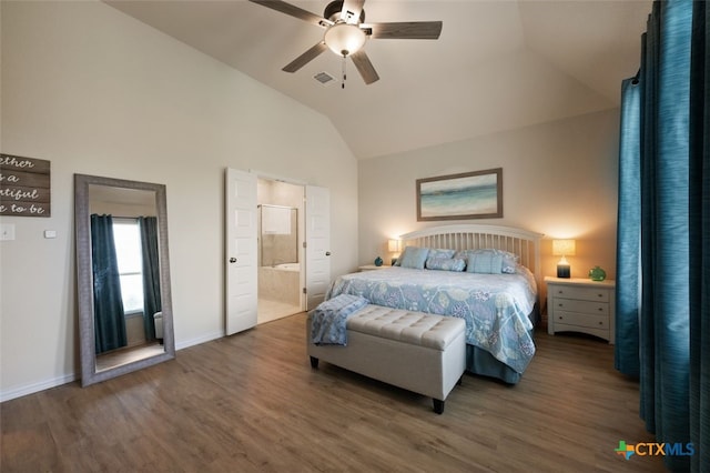 3301 Amerigo Pl, Round Rock, TX 78665 - bedroom featuring wood finished floors, baseboards, ensuite bath, and high vaulted ceiling