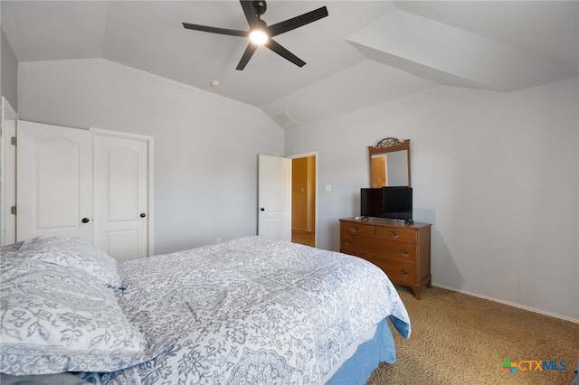3416 Winding Shore Ln, Pflugerville, TX 78660 - bedroom featuring lofted ceiling, light colored carpet, and a ceiling fan