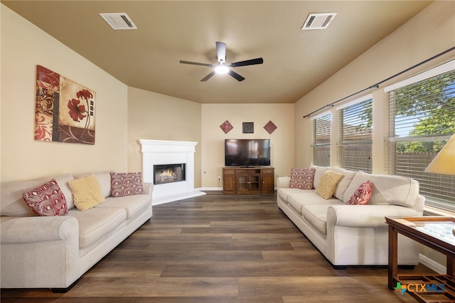 3416 Winding Shore Ln, Pflugerville, TX 78660 - living room with a ceiling fan, wood finished floors, and a warm lit fireplace