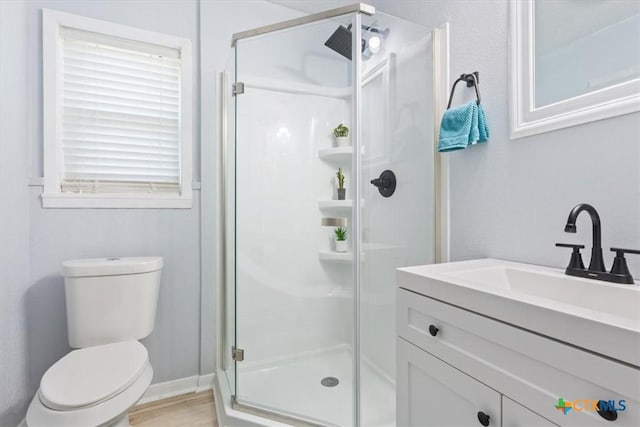 full bathroom featuring toilet, wood finished floors, a shower stall, and vanity