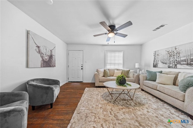 1304 E French Ave, Temple, TX 76501 - living room featuring dark wood-type flooring, ceiling fan, and baseboards