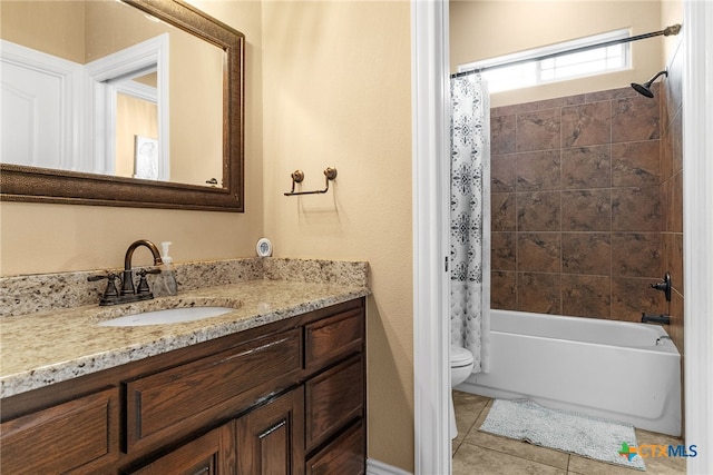 full bathroom featuring tile patterned flooring, vanity, toilet, and shower / bathtub combination with curtain