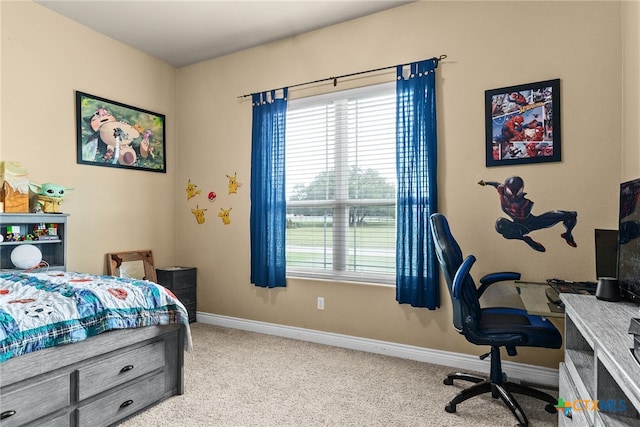 bedroom featuring light colored carpet