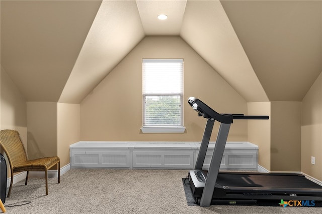 exercise room with light colored carpet and lofted ceiling