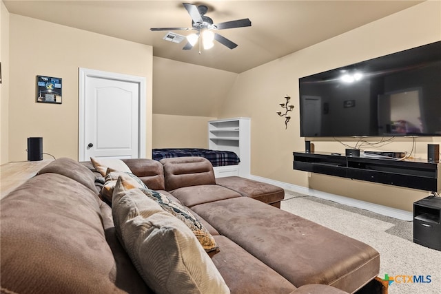 living room with carpet, vaulted ceiling, and ceiling fan